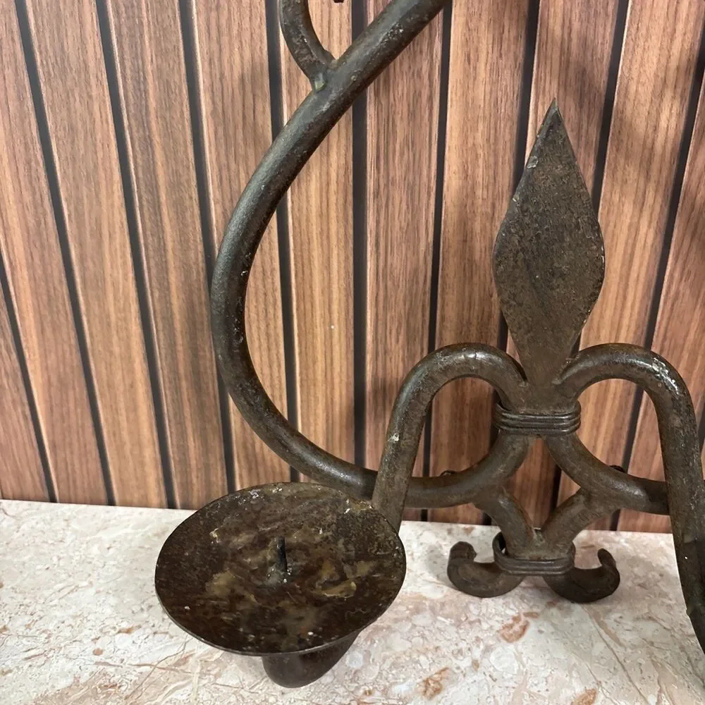 Vintage wrought Iron wall sconce Pillar candle holder gothic rustic decor '60s